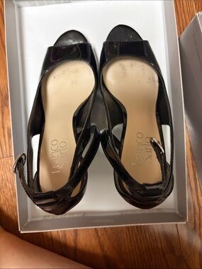 Franco Sarto Black Patent Peep-Toe Slingback Heels
